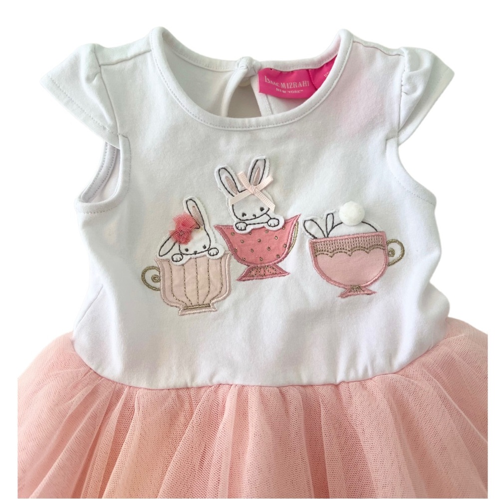 Isaac Mizrahi Peach Tulle Easter Ruffle Dress w/ Bunnies | Baby Girl 0-3 Months - Picture 6 of 8